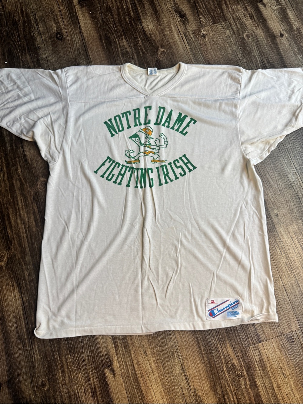 Vintage 70s Champion Notre Dame jersey shirt Made in USA V Neck Cream